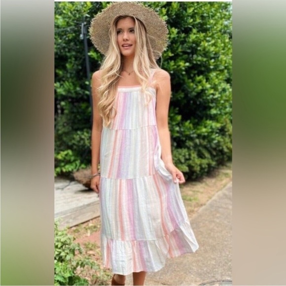 Rails Amaya Dress Juliette Metallic Stripe Pink Linen Midi - Picture 2 of 12